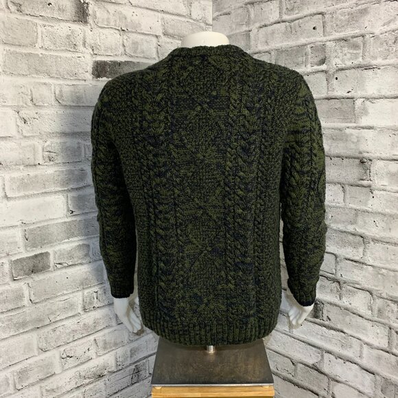 Vintage 90s Cable Knit Fisherman Chunky Sweater Large Black Olive Green Preppy - Picture 4 of 12